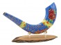 Ram Shofar Hand-Painted Blue with Pomegranate 