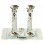 Glass Shabbat Candlesticks with White Flowers and Tray