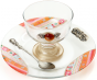 Glass Charoset Dish with Spoon, Tray, Bright Stripes and Hebrew Plaque