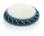 White Knitted Kippah with Green, Blue and Black Stripes