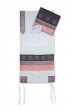 White Tallit Set with Pink, Black and Grey Stripes and Swirls