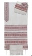 Hand-woven White Wool and Silk Tallit with Red Lines and Diamonds