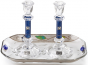 Large Crystal Shabbat Candlesticks with Dark Blue Accents and Tray