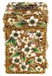 Gold Plated Metal Tzedakah Box with Floral Pattern and Green Crystals
