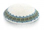 White Knitted Kippah with Blue and Green Stripes and Boxes