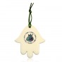 White Ceramic Hamsa with Green Leather Cord, Pomegranate and Hebrew Text