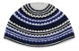 White Knitted Kippah with Black and Dark Blue Stripes
