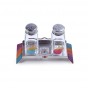 Glass Salt and Pepper Shaker Set with Metal Tray and Colorful Pomegranates 