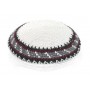 15 Centimetre White Knitted Kippah with Black, Red and Grey Geometric Pattern