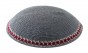 Grey DMC Knitted Kippah with Red and Beige Stripe and Squares