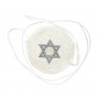 7cm White Knitted Kippah with Silver Star of David and Ribbon Ties