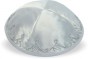 White Satin Kippah with Four Sections and Silver Scrolling Lines