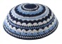 Dark Blue Knitted Kippah with Light Blue and White Stripes