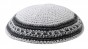 White Knitted Kippah with Thick Slate Gray Lines and Thin Dotted Line