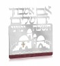 Laser Cut Metal Hebrew Blessing with Jerusalem, Red Stripe and Menorah
