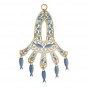 Brass Hamsa with Spread Fingers, Dark Blue Fish and Intricate Floral Pattern