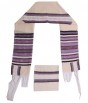 White Cotton Tallit with Purple and Black Stripes and Silver Hebrew Text