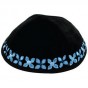 Knitted Kippah in Black Velvet with Blue Floral Embroidery